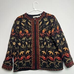 Vintage Nomadic Traders Womens Sz M Floral Zip Up Cardigan Lambs Wool Blend